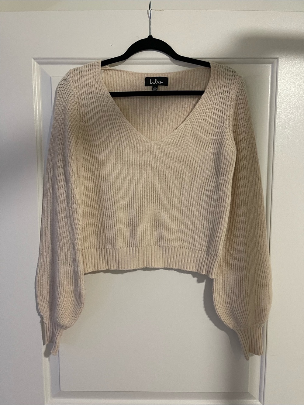 Lulu's Ivory Cropped V-Neck Ribbed Knit Sweater - Size S